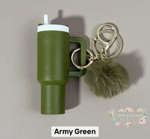 Load image into Gallery viewer, Tumbler Keychains with Fur Ball Pendant- Mini 3-inch tall Army Green Mini Tumbler Keychains

