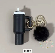 Load image into Gallery viewer, Tumbler Keychains with Fur Ball Pendant- Mini 3-inch tall Black Mini Tumbler Keychains
