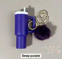 Load image into Gallery viewer, Tumbler Keychains with Fur Ball Pendant- Mini 3-inch tall Deep Purple Mini Tumbler Keychains

