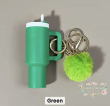 Load image into Gallery viewer, Tumbler Keychains with Fur Ball Pendant- Mini 3-inch tall Green Mini Tumbler Keychains
