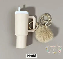 Load image into Gallery viewer, Tumbler Keychains with Fur Ball Pendant- Mini 3-inch tall Khaki Mini Tumbler Keychains

